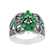 En Argent Sterling 925 0,74 CT Émeraude & Marcassite Bague Coktail