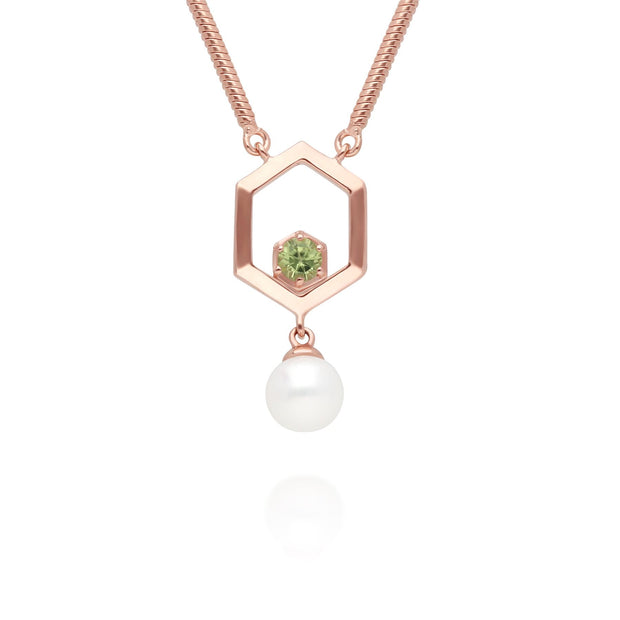 Collier Perle Moderne Argent 925 Plaqué Or Rose Perle et Péridot Hexagonal