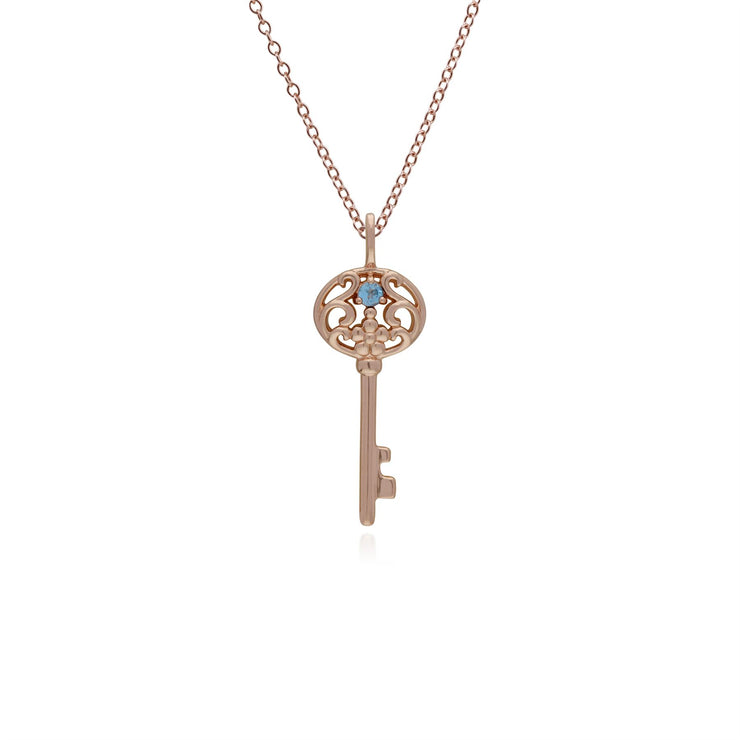 Pendentif Classique Cadenas Cœur Torsadé Argent 925 Plaqué Or Rose et Charms Grande Clé Topaze Bleue