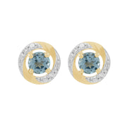 Boucles d'Oreilles Clou Topaze Bleue Classique Or Jaune 375 et Ear-Jacket Halo Diamant