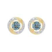 Boucles d'Oreilles Clou Topaze Bleue Classique Or Jaune 375 et Ear-Jacket Halo Diamant