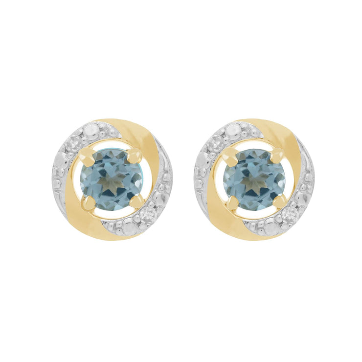 Boucles d'Oreilles Clou Topaze Bleue Classique Or Jaune 375 et Ear-Jacket Halo Diamant