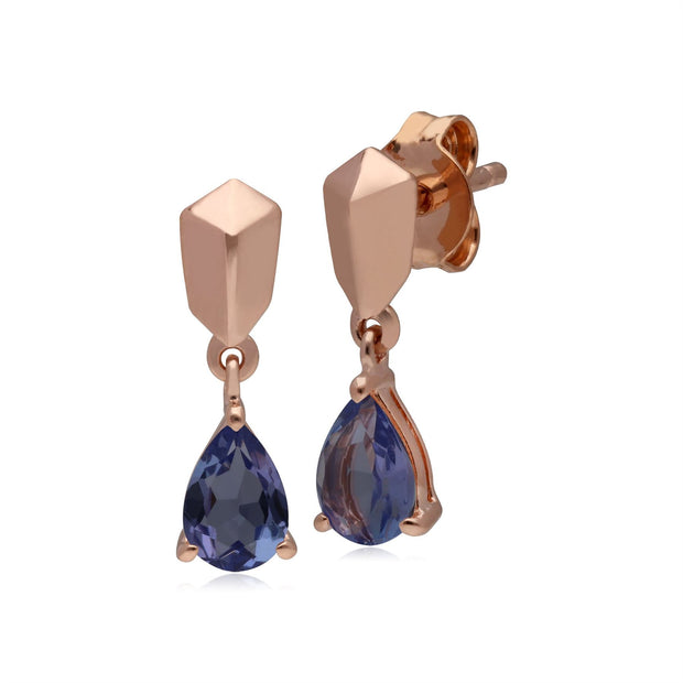 Boucles d'Oreilles Mini Pendantes Argent 925 Plaqué Or Rose Tanzanite