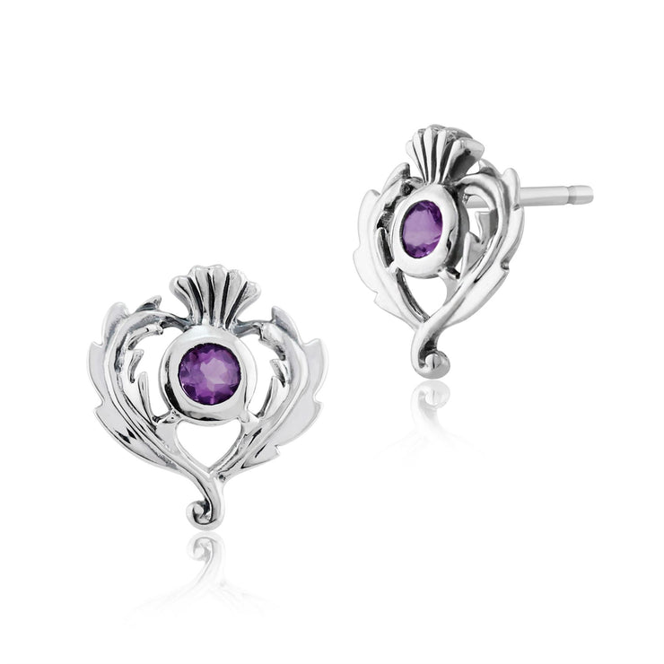 Pendentif et Boucles d'Oreilles Clou Chardon Style Art Nouveau Argent 925 Améthyste Rond