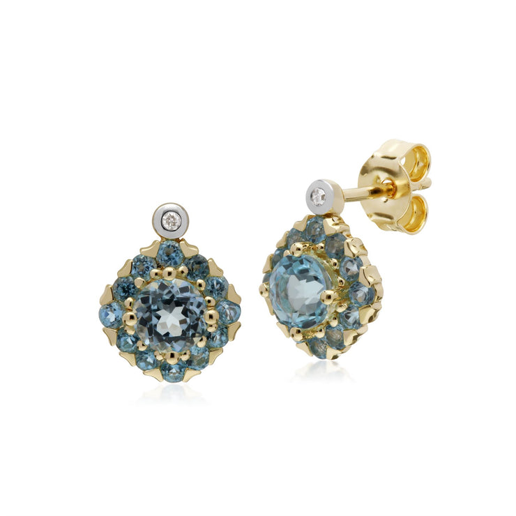 s 9 CT or Jaune Rond Topaze Bleu et Diamant Carré Grappe Boucles D'Oreilles Clous