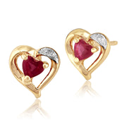 Boucles d'Oreilles Clou et Bague Classique Cœur or Jaune 375 Rubis Rond et Diamant