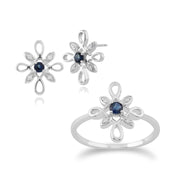 Bague et Boucles d'Oreilles Clou Floral Or Blanc 375 Saphir Rond et Diamant