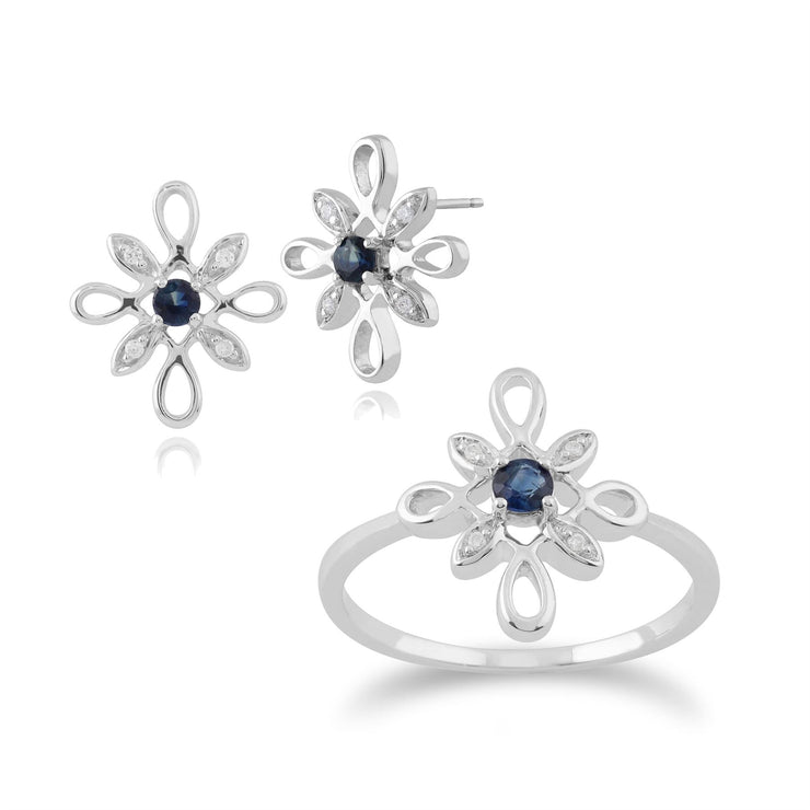 Bague et Boucles d'Oreilles Clou Floral Or Blanc 375 Saphir Rond et Diamant