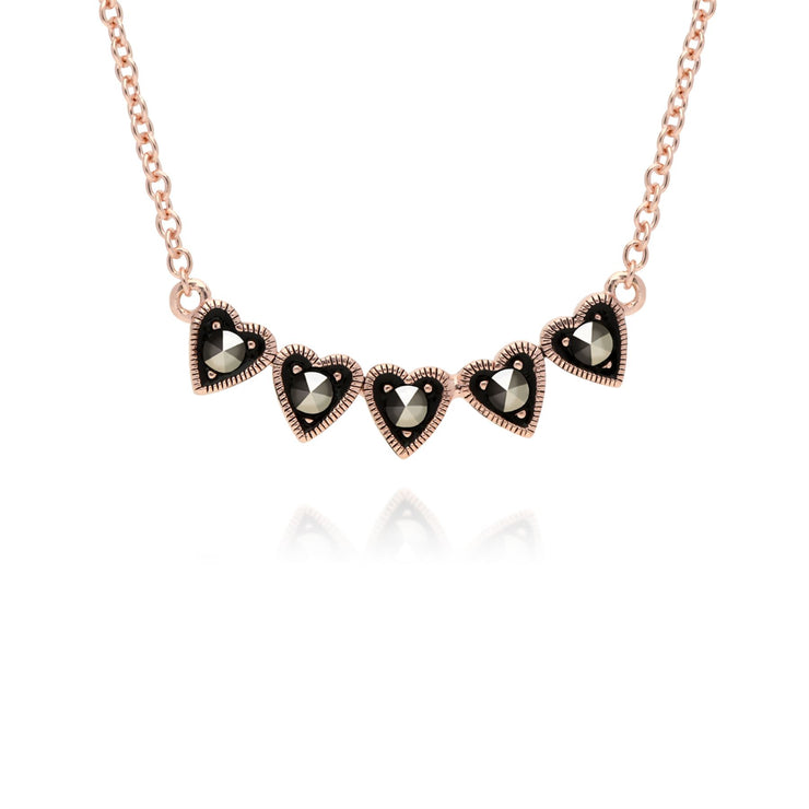Plaqué or Rose Argent Sterling Marcassite Cinq Dessin de Coeur 42cm Collier