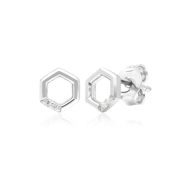 Bague et Boucles d'Oreilles Clou Hexagone Pavé Diamant Or Blanc 375