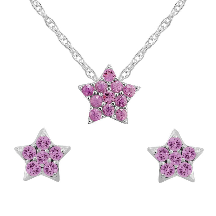 Pendentif et Boucles d'Oreilles Clou Star Or Blanc 375 Saphir Rose Cluster