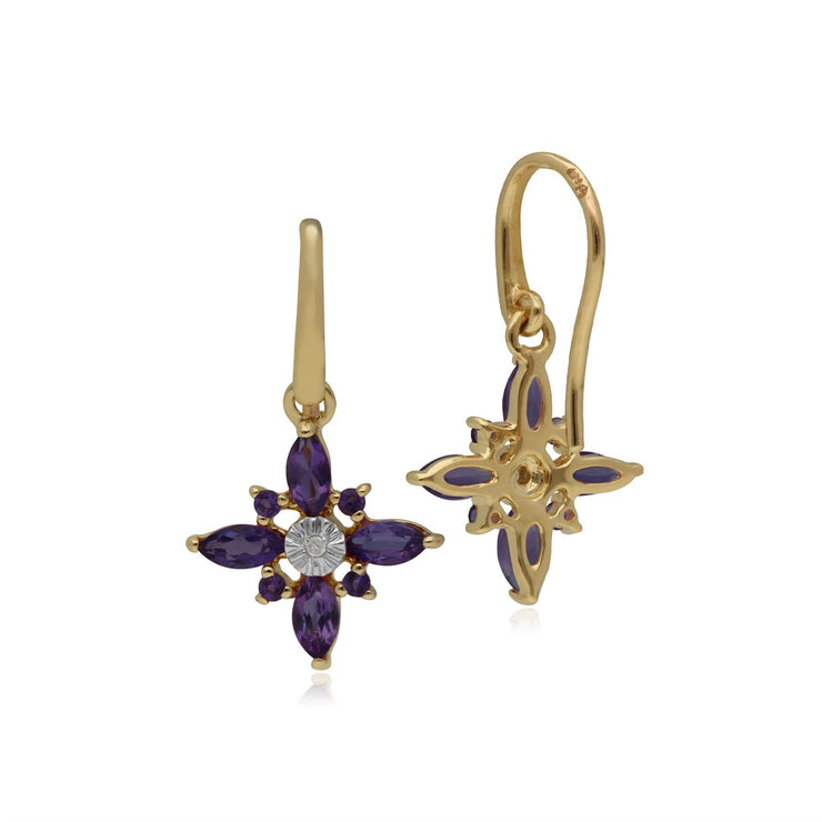 Boucles d’Oreilles Etoiles Pendantes Or Jaune 375 avec Améthyste et Diamant