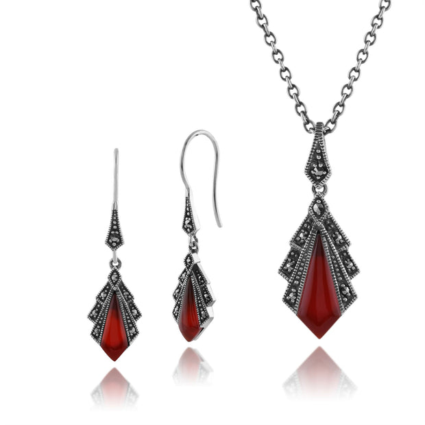 Collier et Boucles d'Oreilles Eventail Pendantes Style Art Déco Argent 925 Cornaline et Marcassite