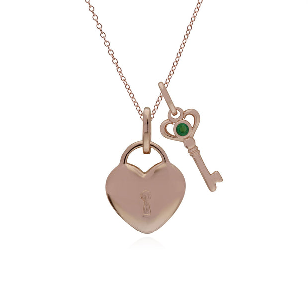 Pendentif Classique Cadenas Cœur Argent 925 Plaqué Or Rose et Charms Clé Emeraude