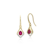 Boucles d'Oreilles Dormeuses et Pendentif Feuille Classique Or Jaune 375 Rubis et Diamant