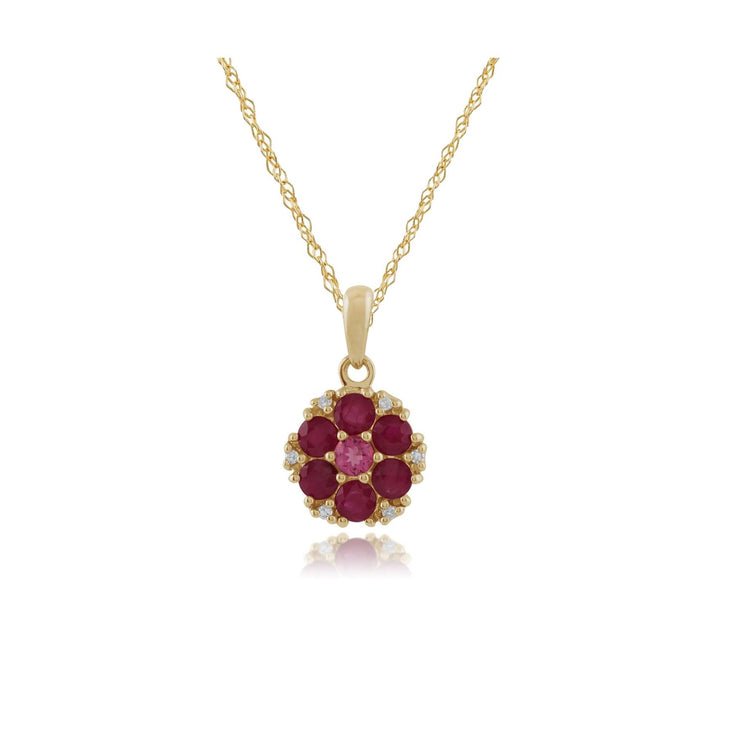 Boucles d'Oreilles Ronde Floral Or Jaune 375 Rubis, Tourmaline Rose et Diamant
