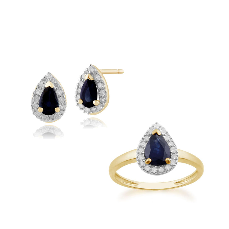 Boucles d'Oreilles Clou et Bague Classique Or Jaune 375 Saphir Poire et Diamant