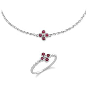 Bracelet et Bague Trèfle Floral Argent 925 Rubis Rond