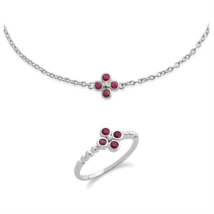 Bracelet et Bague Trèfle Floral Argent 925 Rubis Rond