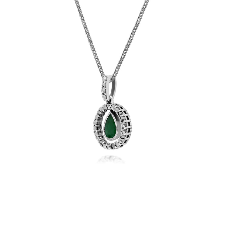 Argent Sterling Gouttes D'Eau Émeraude et Rondes Marcassite 45cm Collier