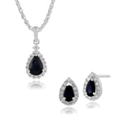 Boucles d'Oreilles Clou et Pendentif Classique Or Jaune 375 Saphir Poire et Diamant Halo