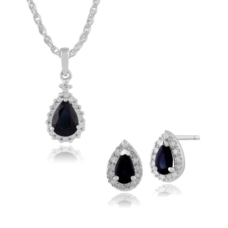 Boucles d'Oreilles Clou et Pendentif Classique Or Jaune 375 Saphir Poire et Diamant Halo