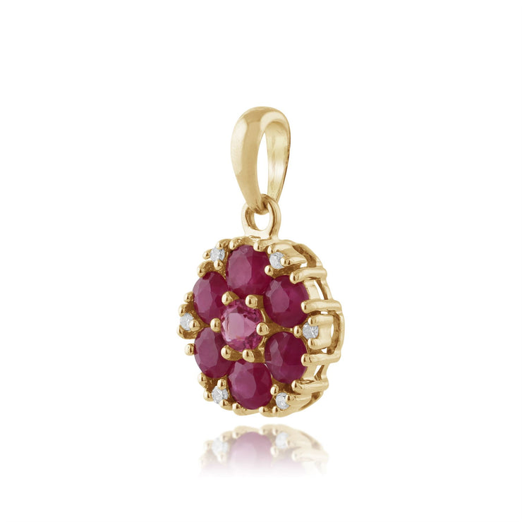 Boucles d'Oreilles Ronde Floral Or Jaune 375 Rubis, Tourmaline Rose et Diamant