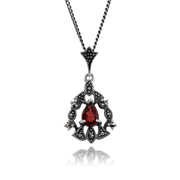 Collier et Boucles d'Oreilles Pendantes Style Art Nouveau Argent 925 Grenat Poire et Marcassite Halo