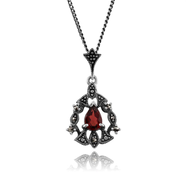 Collier et Boucles d'Oreilles Pendantes Style Art Nouveau Argent 925 Grenat Poire et Marcassite Halo