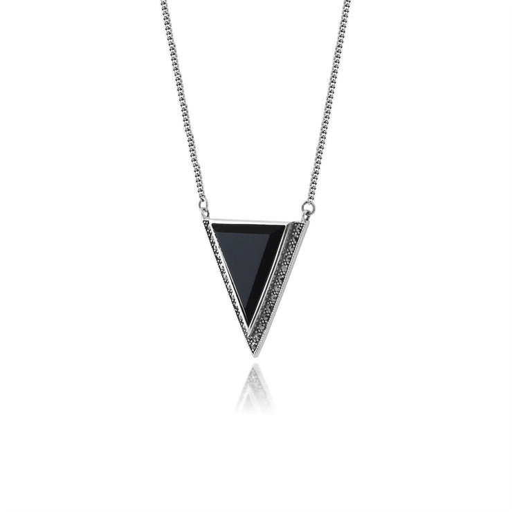 Collier Triangle Style Art Déco Argent 925 Onyx Noire et Marcassite