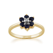 JAUNE 9 Ct Or 0.55CT naturel SAPHIR BLEU & Diamant floral Bague grappe