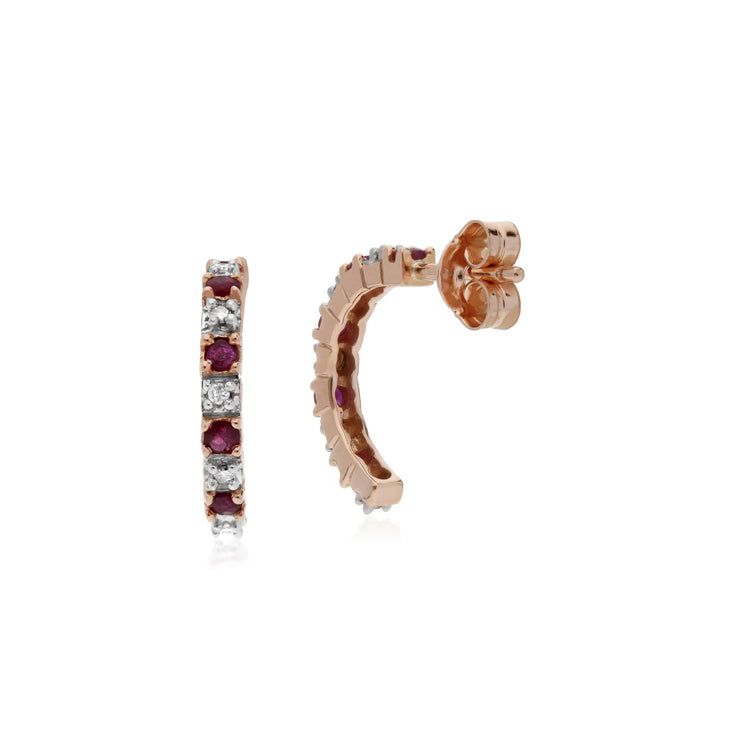 Rubis Boucles D'Oreilles, 9 CT or Rose 0,28ct Rubis & 4pt Diamant Demi Arceau Style Boucles D'Oreilles