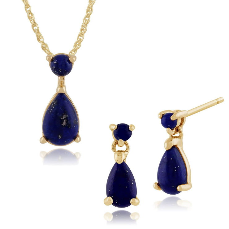 Pendentif et Boucles d'Oreilles Pendantes Classique Argent 925 Plaqué Or Lapis Lazuli Oval cabochon serti Clos