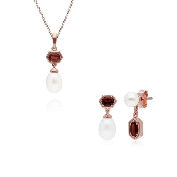 Boucles d'Oreilles et Pendentif Perle Moderne Argent 925 Plaqué Or Rose Grenat et Perle