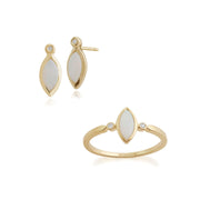 Bague et Boucles d'Oreilles Pendantes Classique Or Jaune 375 Opale Cabochon Marquise
