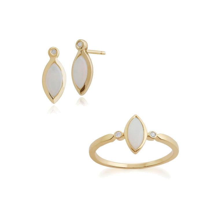 Bague et Boucles d'Oreilles Pendantes Classique Or Jaune 375 Opale Cabochon Marquise