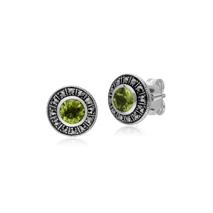 s Argent Sterling Rond Péridot et Marcassite Grappe Boucles D'Oreilles Clous