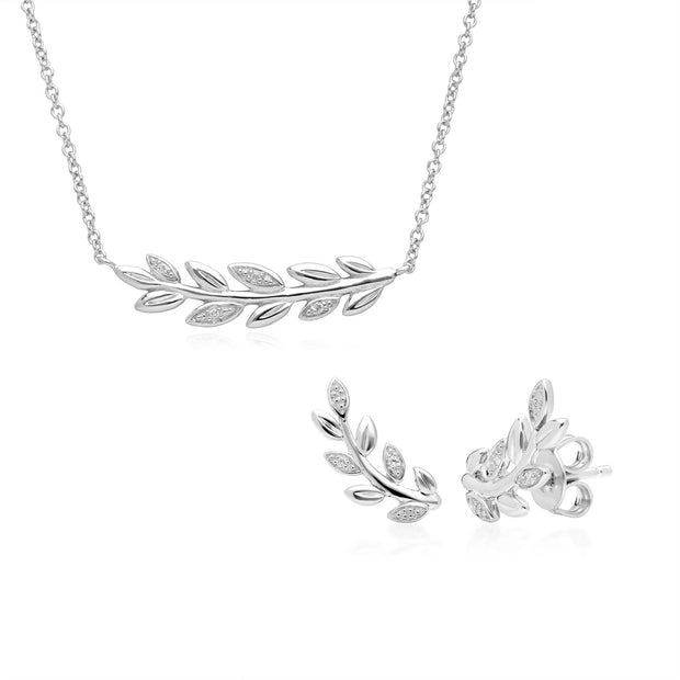 Collier et Boucles d'Oreilles Clou O Leaf Or Blanc 375 Diamant