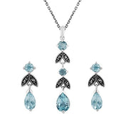 Collier et Boucles d'Oreilles Feuille Style Art Déco Argent 925 Topaze Bleue Poire et Marcassite