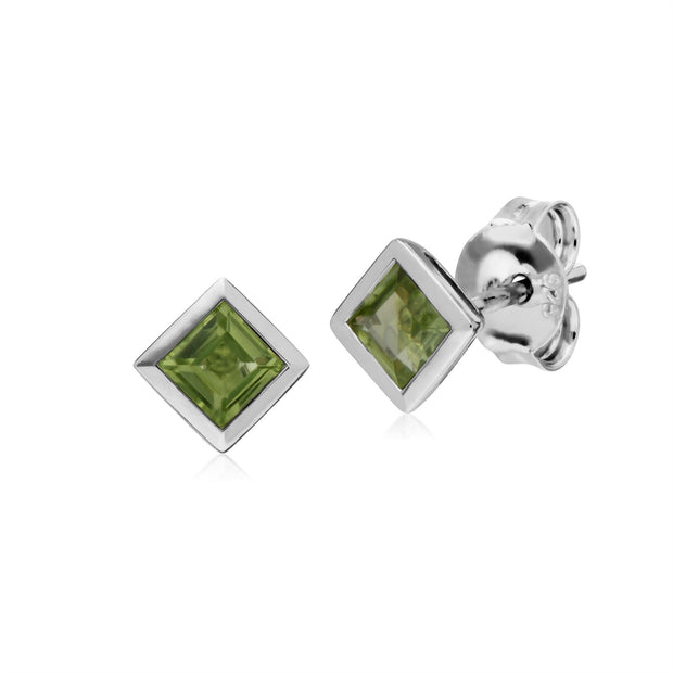 Boucles d'Oreilles Carrée Clou Classique Argent 925 Péridot sertis Clos