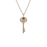 Pendentif Classique Cadenas Cœur Argent 925 Plaqué Or Rose et Charms Grande Clé Emeraude