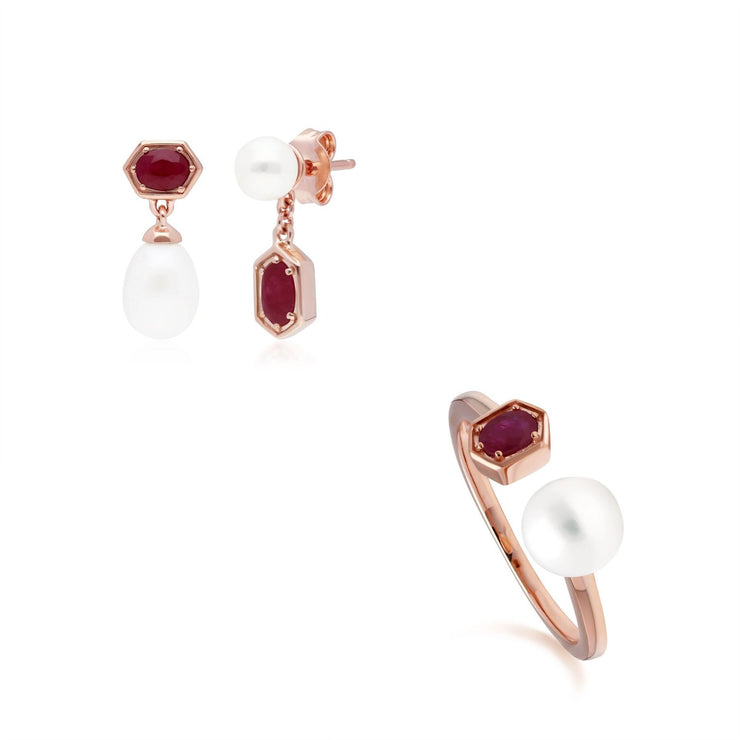 Bague et Boucles d'Oreilles Perle Moderne Argent 925 Doré à l'Or Fin Rose Rubis et Perle