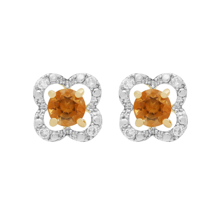 Boucles d'Oreilles Clou Citrine Classique Or Jaune 375 et Ear-Jacket Fleur Diamant