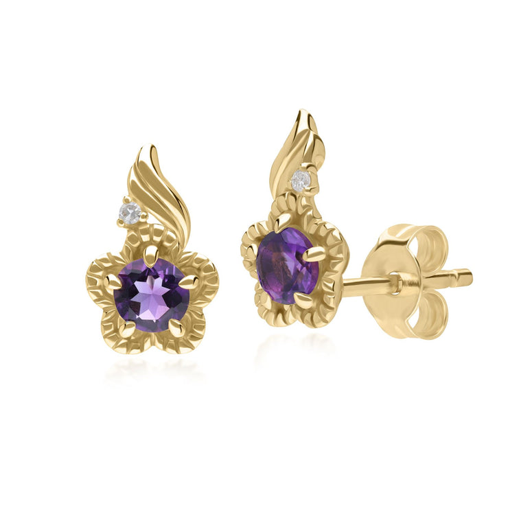 Boucles d'oreilles Floral Or Jaune 375 Améthyste et Diamant Ronds