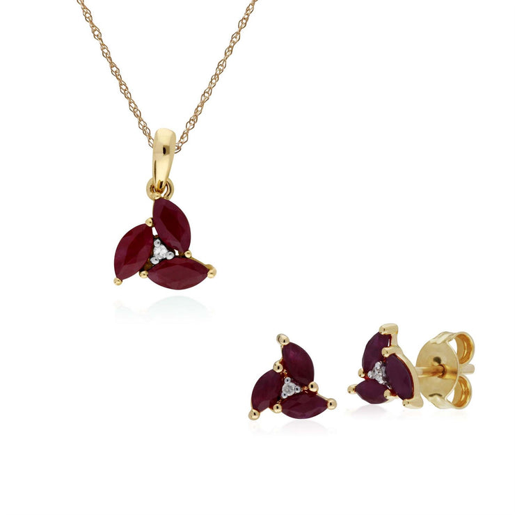 Pendentif et Boucles d'Oreilles Clou Classique Or Jaune 375 Rubis Marquise Cluster
