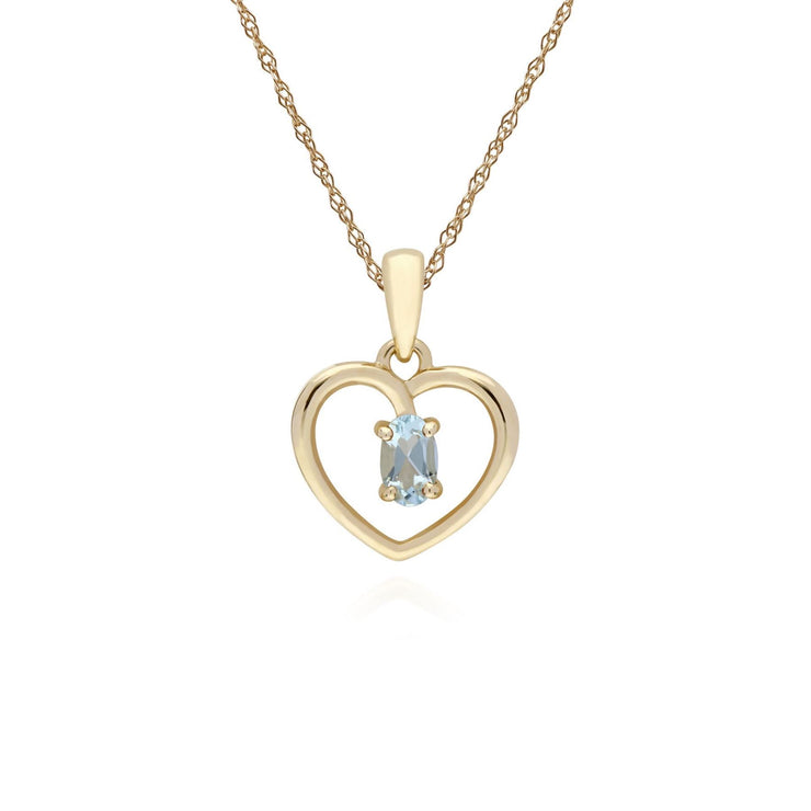 9 ct or Jaune Aigue-Marine Ovale Pierre Unique Coeur Pendentif sur 45cm Chaîne