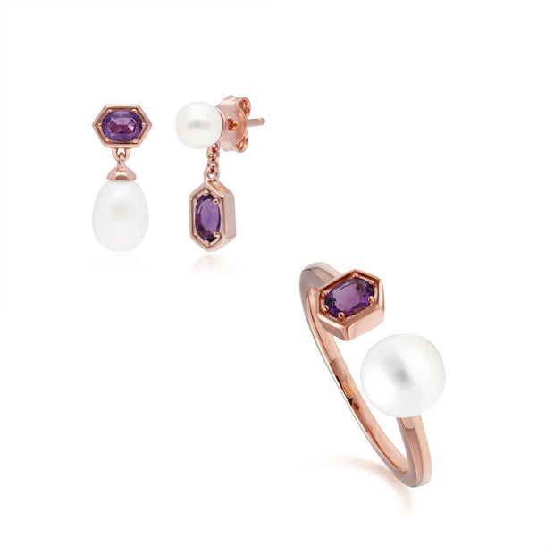 Bague et Boucles d'Oreilles Perle Moderne Argent 925 Doré à l'Or Fin Rose Améthyste et Perle