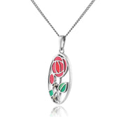 Collier et Boucles d'Oreilles Pendantes Style Rennie Mackintosh Argent 925 Rose de Glasgow Oval Email