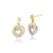 Pendentif et Boucles d'Oreilles Pendantes Double Cœur Classique Or Jaune 375 Diamant Rond