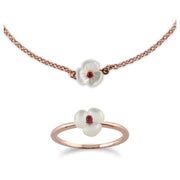 Bracelet et Bague Coquelicot Floral Argent 925 Plaqué Or Rose Rubis Rond et Nacre
